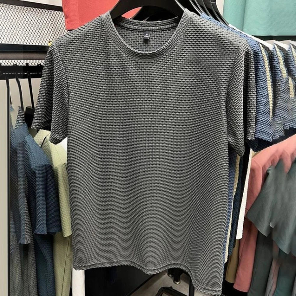 Mens Elastic Slim Fit Ice Silk T shirt with Short Sleeves for Casual Outings