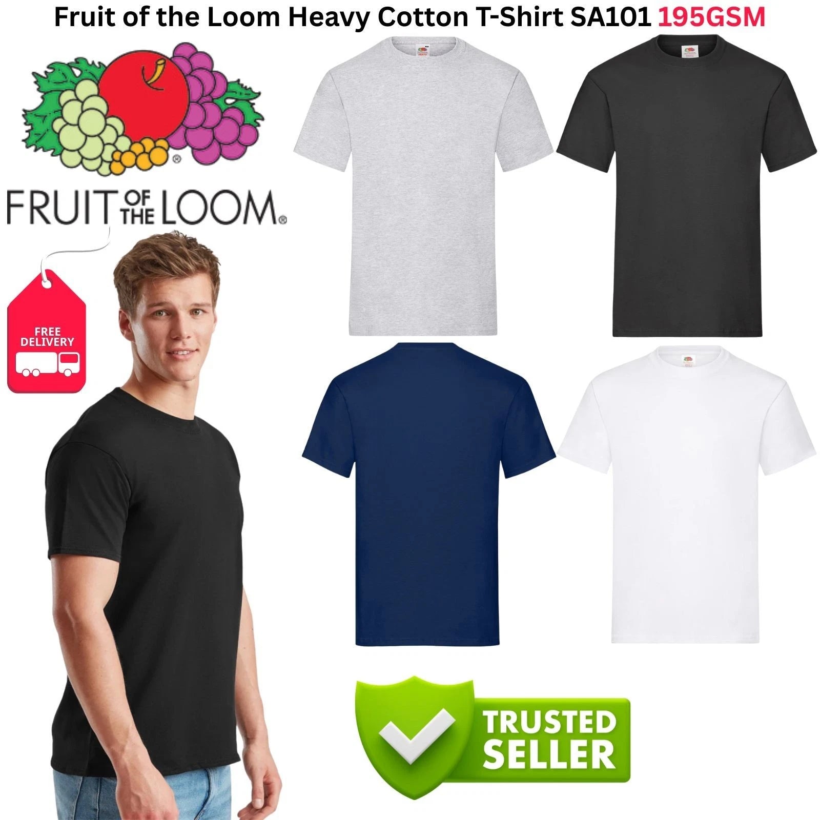 Fruit of the Loom SA101  Heavy Cotton T-Shirt Mens 195 GSM Thick Crew Neck Tee