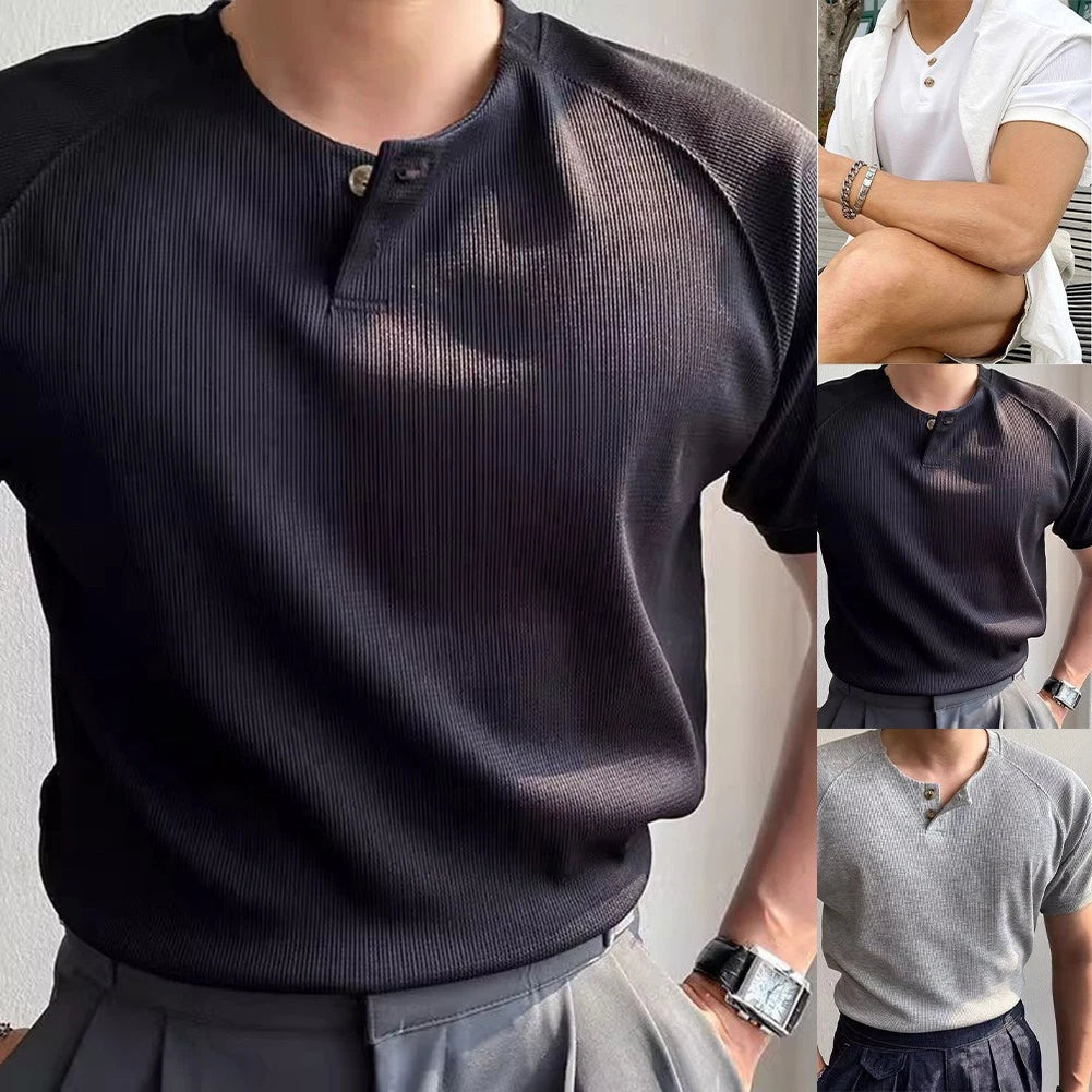 Ribbed Stretch Top Men V Neck T-shirt V Neck Ribbed Texture Stretch Material