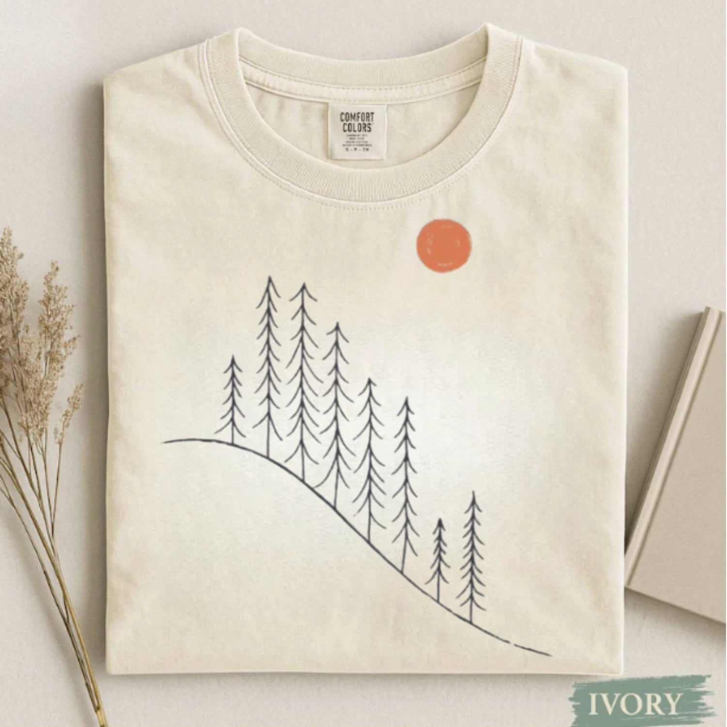 Minimal Pine Tree Sunset Unisex Comfort Colors T-Shirt | Nature Illustration