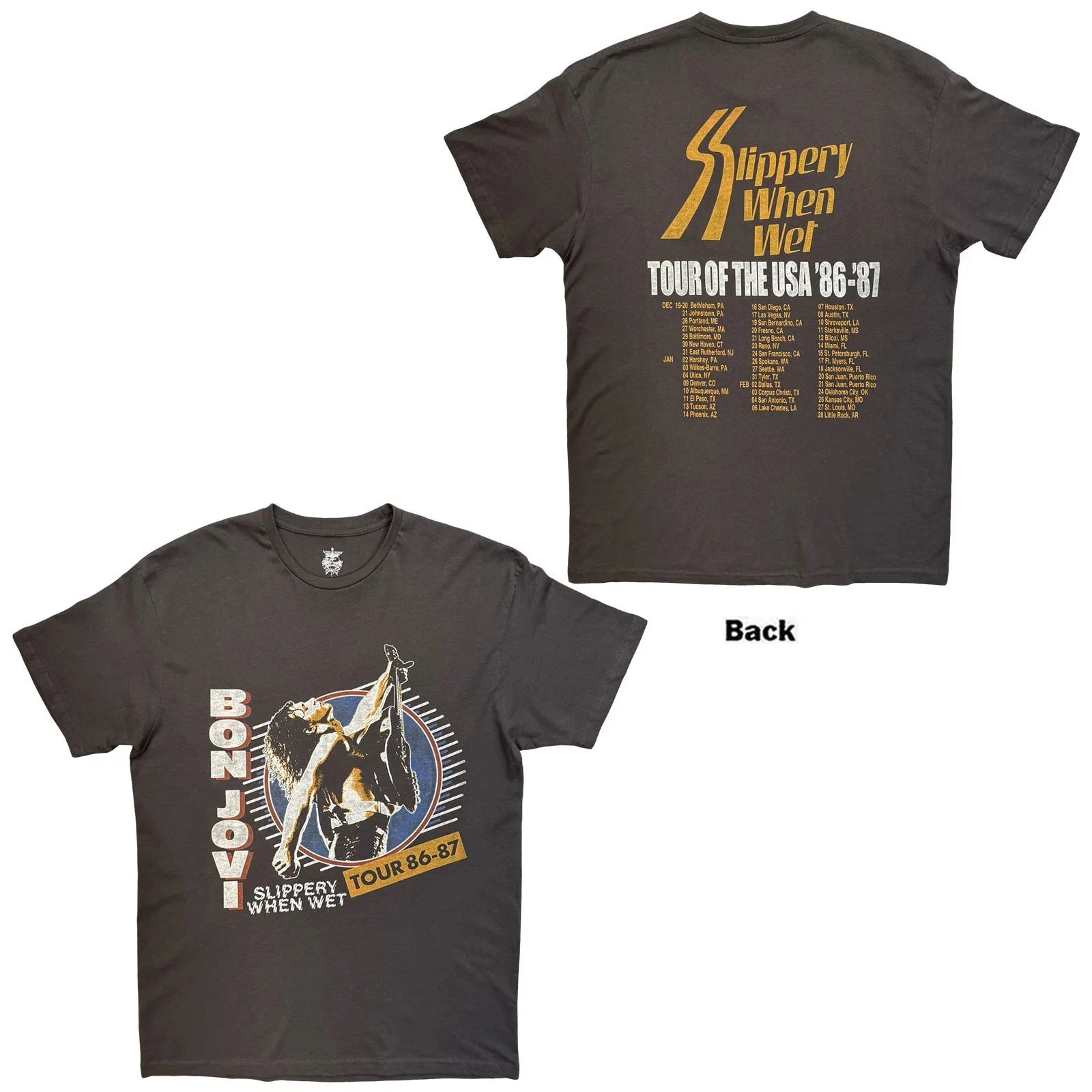 Bon Jovi T-Shirt: Slippery When Wet Tour '86-'87 (Charcoal Grey) (Back Print) OF