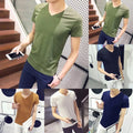Men Short Sleeve V Neck T Shirt Casual Fit Pullover Base Top Solid Colors