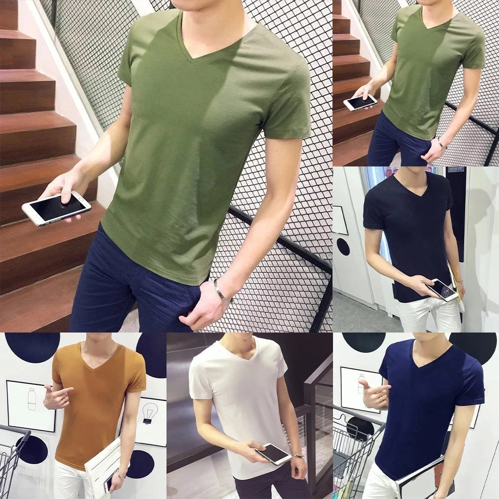 Men Short Sleeve V Neck T Shirt Casual Fit Pullover Base Top Solid Colors