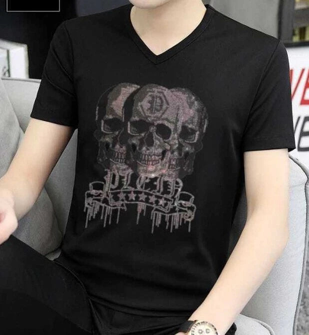 New Men Luxury V-Neck Rhinestones Gothic Skull Black T-Shirt High Quality