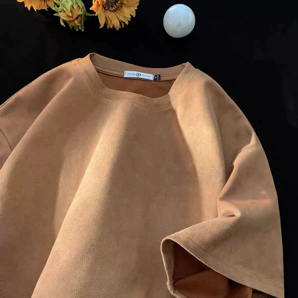 Casual Summer Suede T Shirt for Men with Short Sleeves and Solid Colors