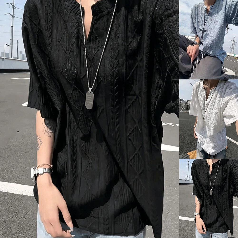 V Neck Hollow Men's Korean T Shirt Casual Breathable Short Sleeve Loose