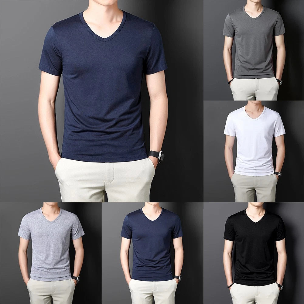 Short Sleeve Pullover Men V-neck T-shirt Regular Length Base Shirts Tops Tees