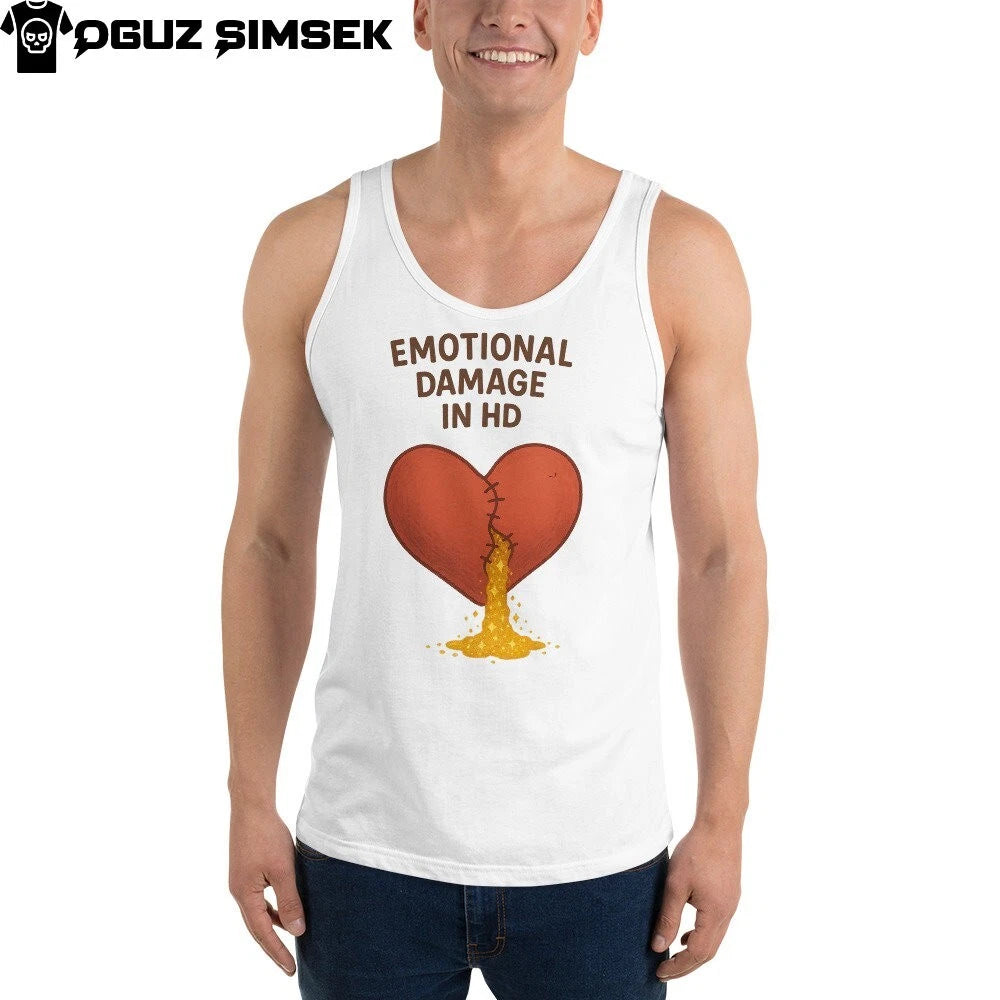 Emotional Damage in HD Funny Heartbreak Tank Top | Cute Sad Humor Gift