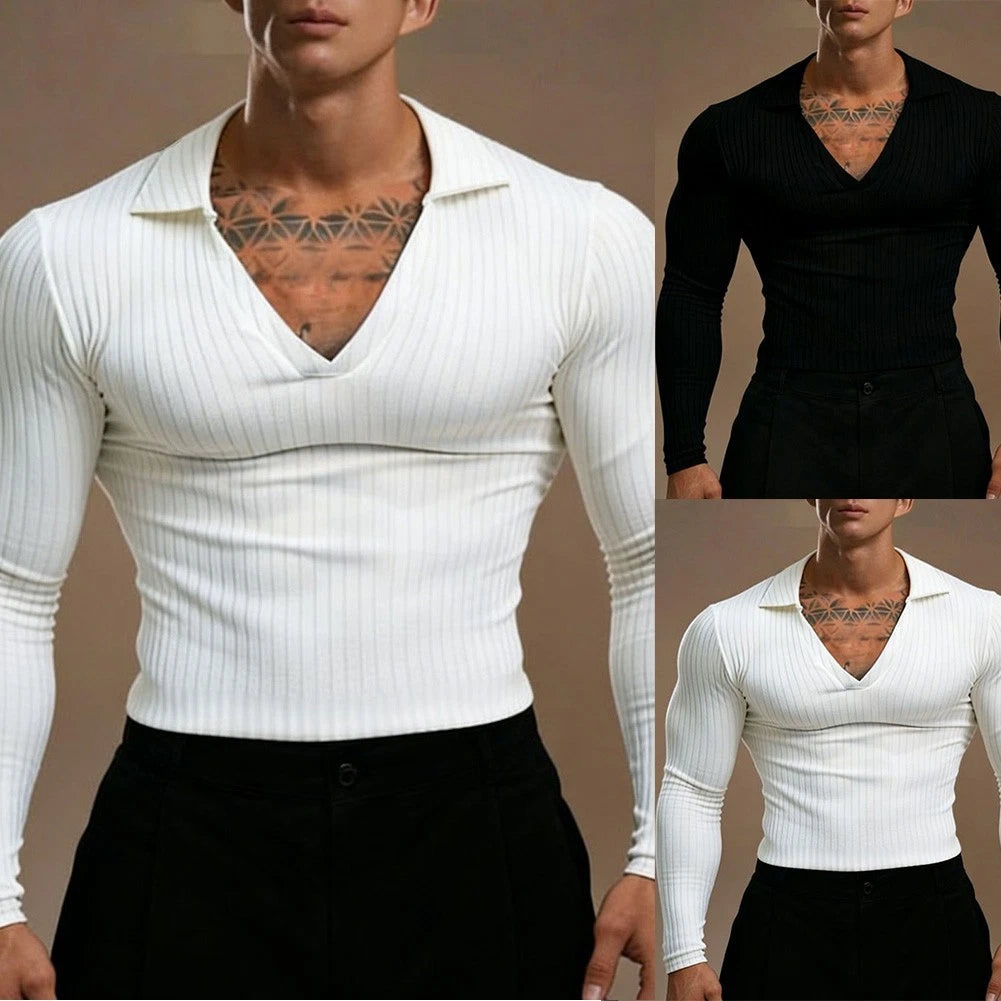 Men's Polyester Spandex Blend Long Sleeve V Neck Striped Pullover for Movement