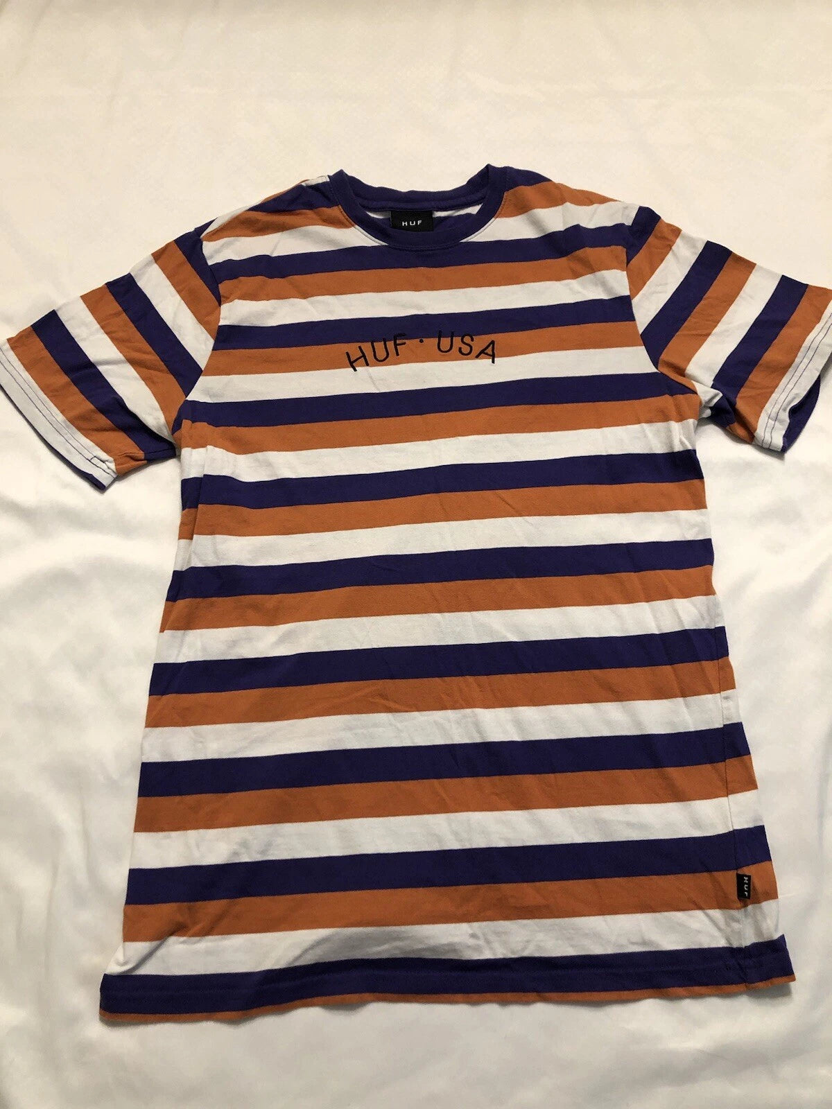 HUF USA Teen Embroidered Logo Purple/Orange/White Striped T-Shirt Size Large