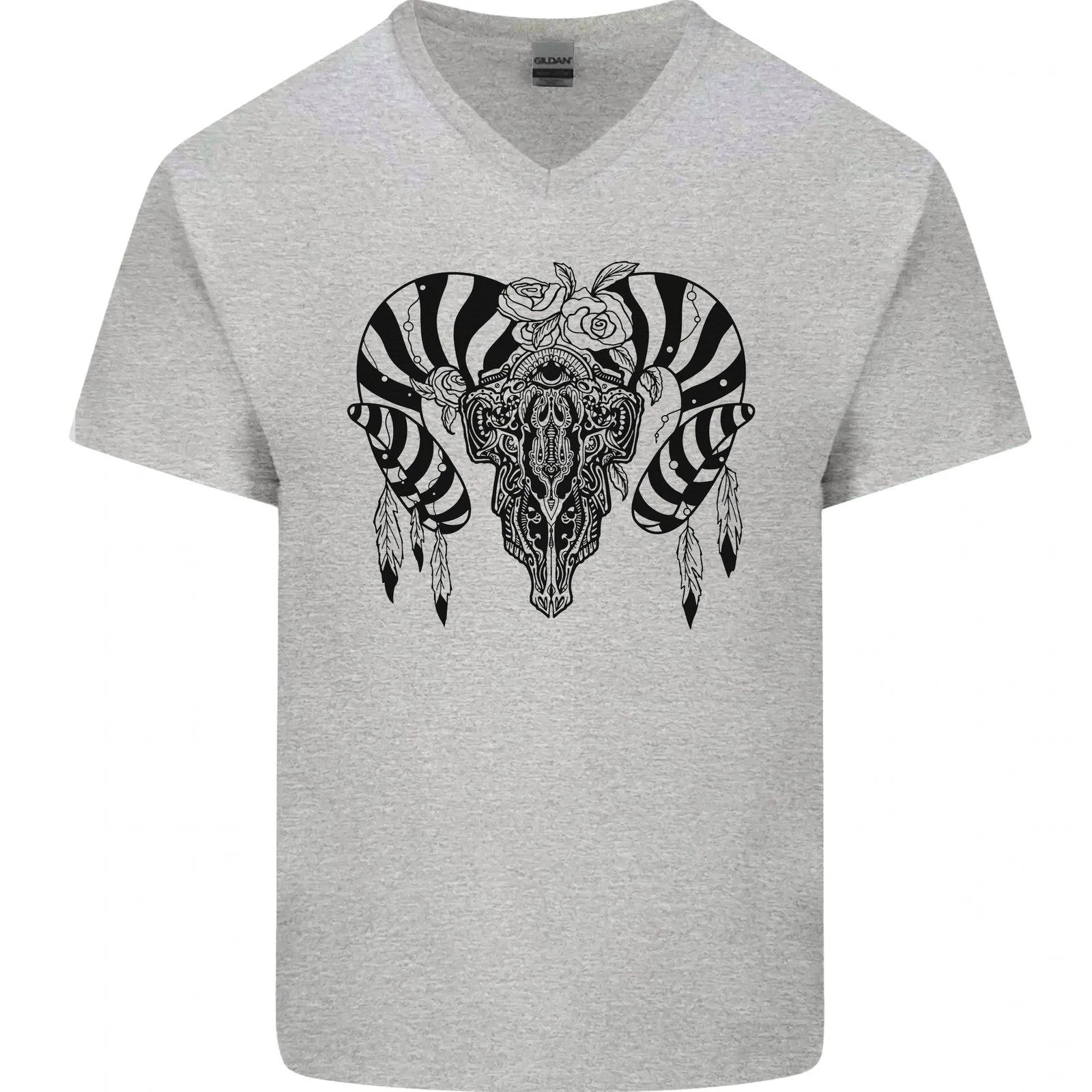 Tribal Bull Skull Buffalo Mens V-Neck Cotton T-Shirt
