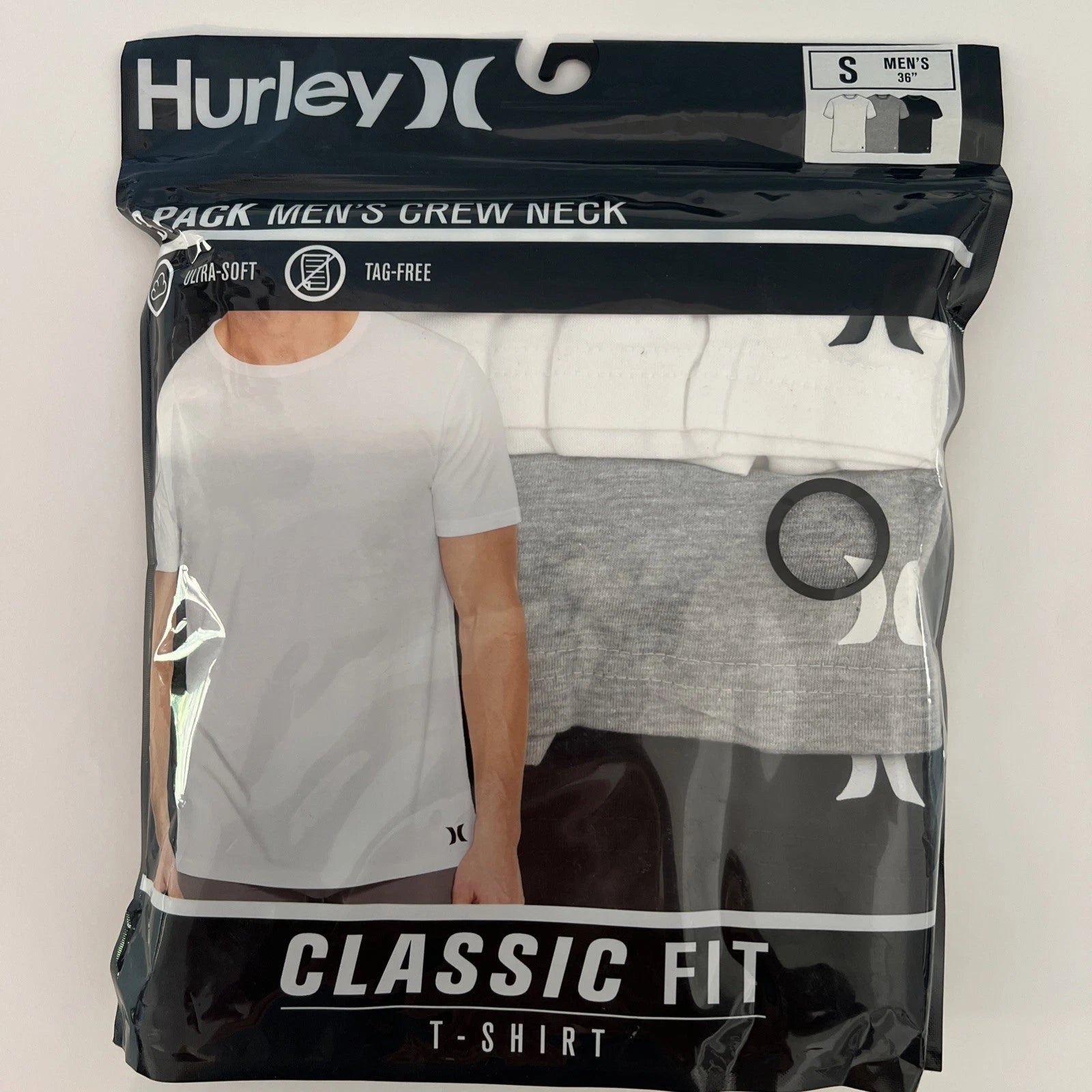 Hurley 3 Pack Men’s Crew Neck Ultra Soft Tag-Free Classic Fit T-Shirt Sz S New