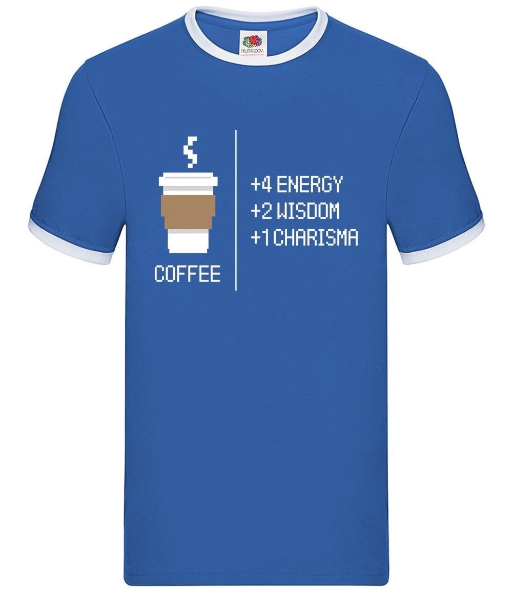 8 bit Coffee - Mens Ringer - Pixel Retro Nerdy Geeky RPG