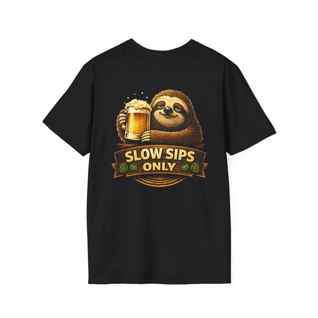 Sloth Holding Beer T-Shirt Slow Sips Only Funny Drinking Animal Back Print
