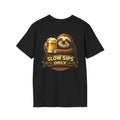 Sloth Holding Beer T-Shirt Slow Sips Only Funny Drinking Animal Back Print