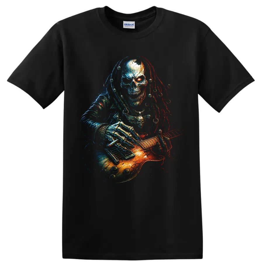 Skull Guitarist T Shirt Gothic Skeleton Musician Rock Horror Graphic Tee Gift