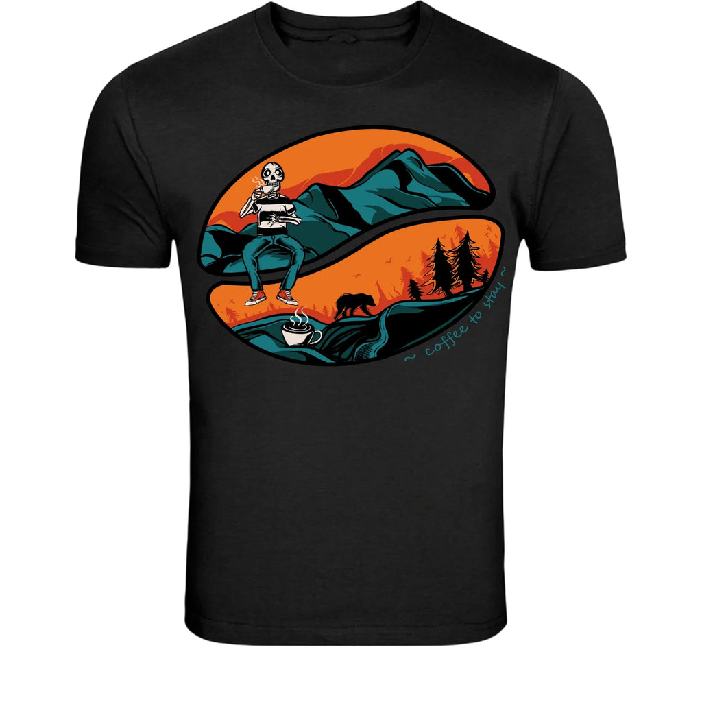 Coffee to Go Skeleton Mountain Camping T-Shirt - Nature Hiking