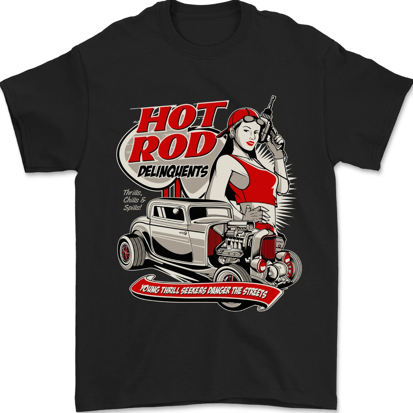 Hot Rod Delinquents Thrills Chills & Spills Mens T-Shirt 100% Cotton
