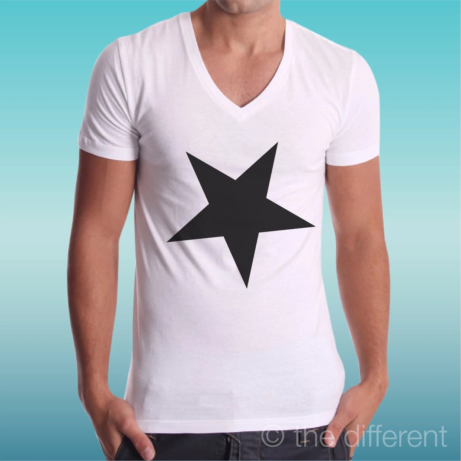 White T-Shirt V Neck Minimal Black Star Gift Idea