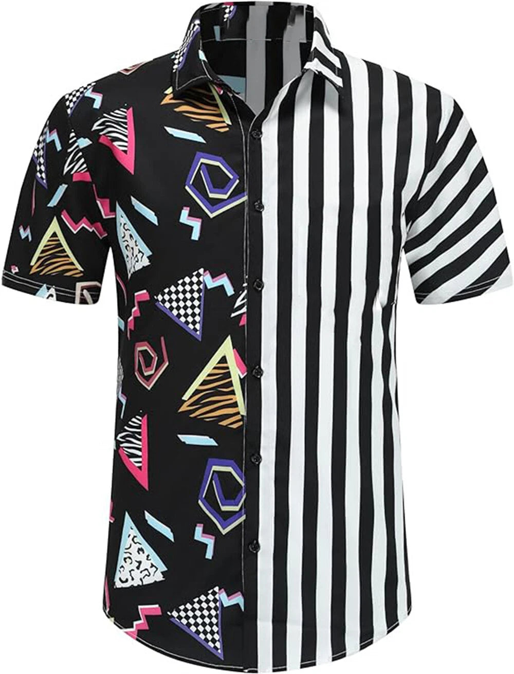 Men's Casual Slim Color Block Shirts Short Sleeve Button Down Tops Blouse