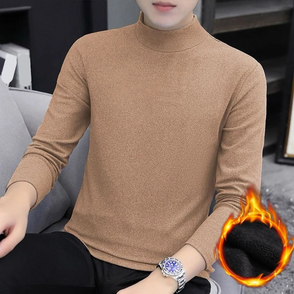 Long Sleeve Thermal Underwear Men Thicken Fleece Half High Collar Solid Shirt