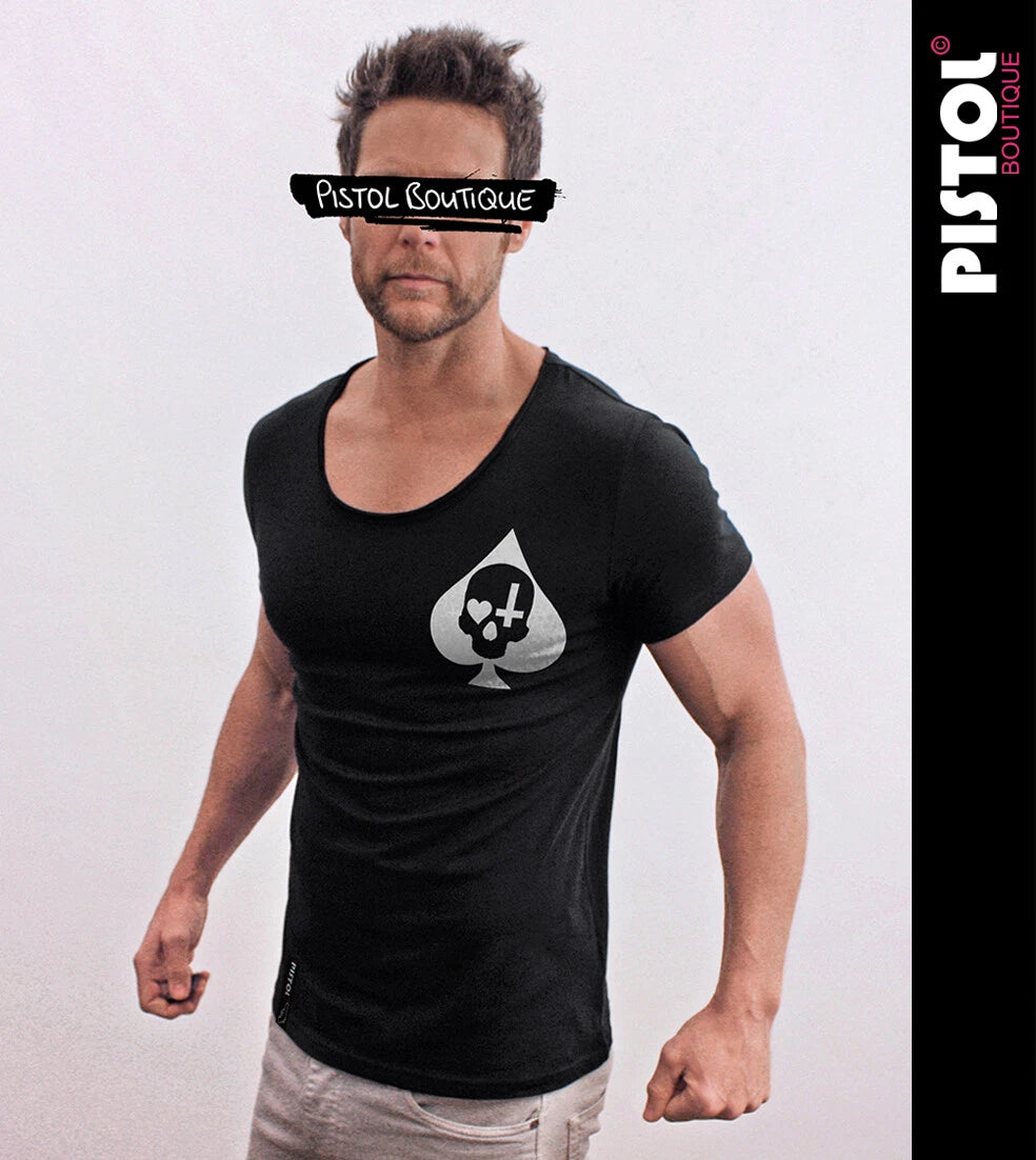 Pistol Boutique Men's Black Scoop Round Neck CHEST SKULL ACE OF SPADES T-shirt