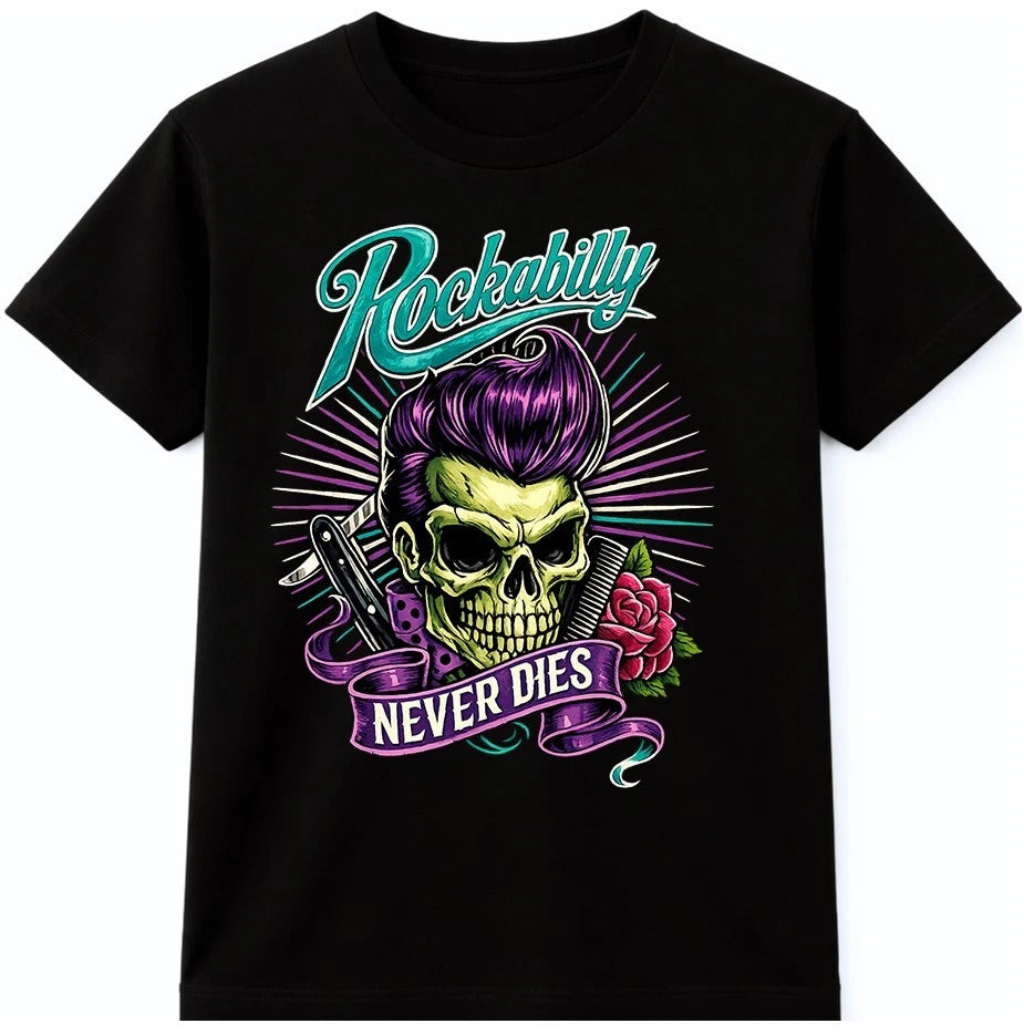 Rockabilly Never Dies Skull Pompadour Rose Vintage Retro Graphic T-Shirt.