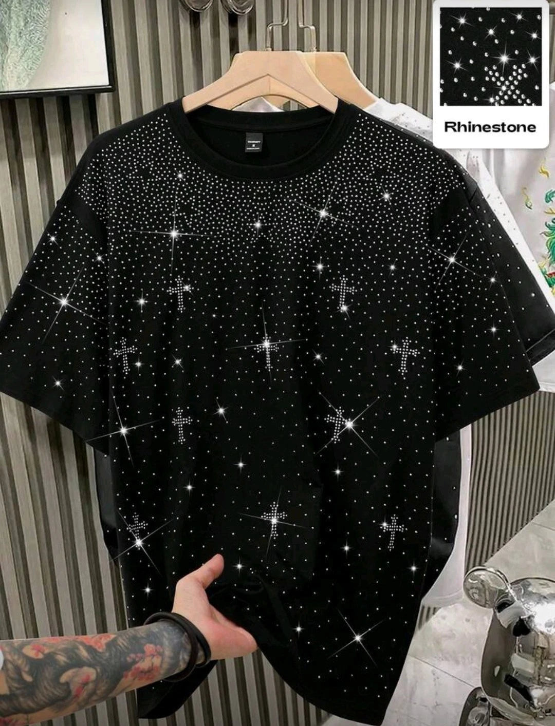 New Men Women Luxury Diamond Crosses Stars Rhinestones Fashion T-Shirt 3 Colors