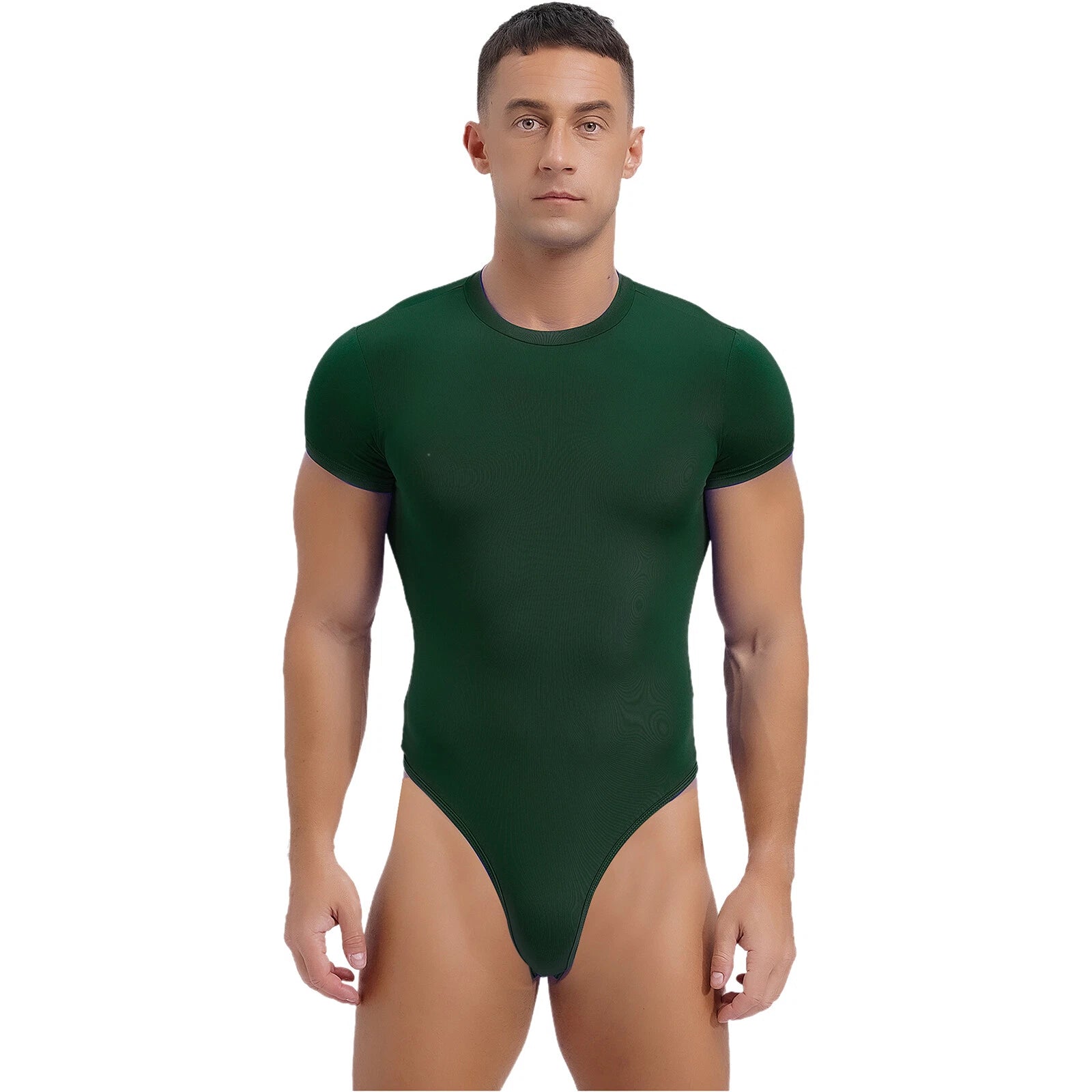 Men’s Short Sleeve Bodysuit Athletic High Waist Jumpsuit Stretchy Button Bodycon