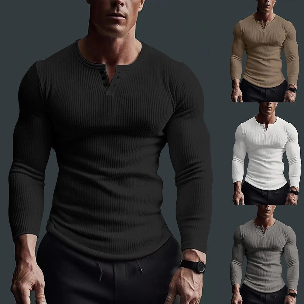 Men T-Shirt Tops Long Sleeve Solid Color Stand Collar Black/White/Grey