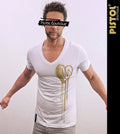 Pistol Boutique Men's Fitted White Deep V neck GOLD DRIBBLE SKETCH HEART T-shirt
