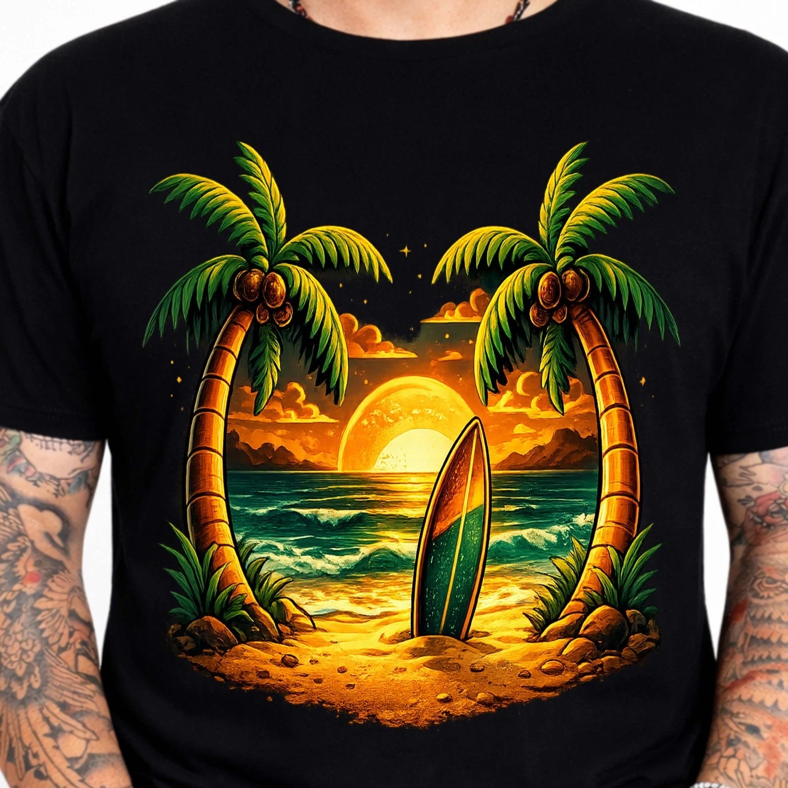 Tropical Sunset Beach Palm Trees Surfboard Ocean Wave Nature Art Graphic T-Shirt