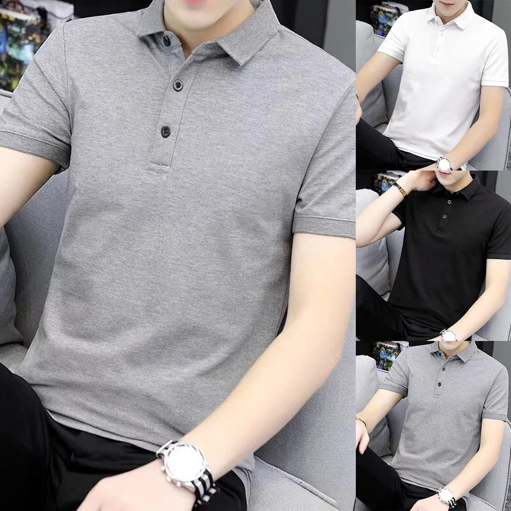 Korean Streetwear Style Men's Turn Down Collar Tee Short Sleeve Solid Color