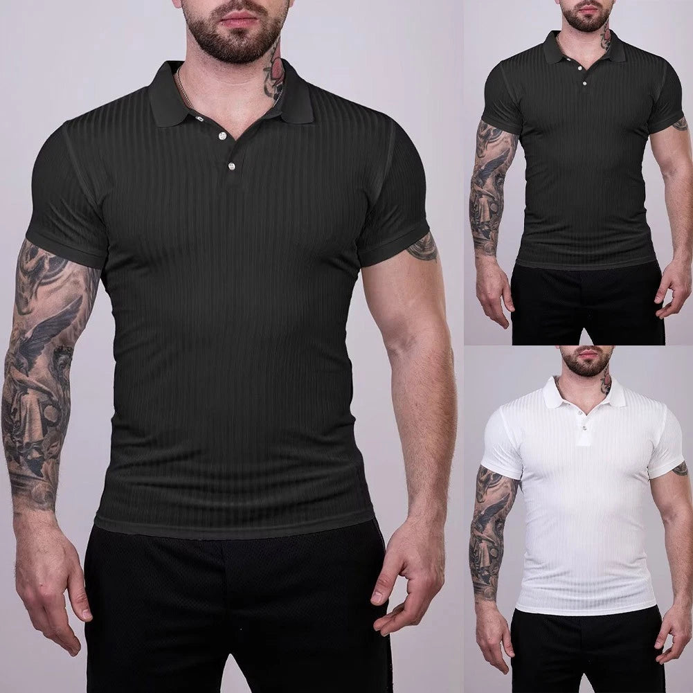 Men's Streetwear Ribbed Short Sleeve Pullover T-Shirt Slim Fit Turn Down Collar