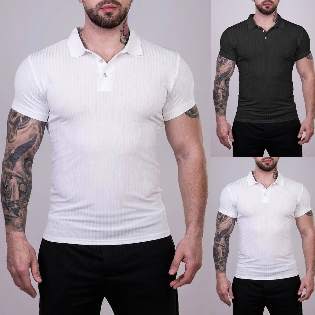 Men's Casual Short Sleeve Ribbed Pullover T-Shirt Slim Fit Streetwear Polyester