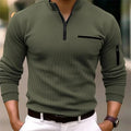 Striped Polo Shirt Men’s Long Sleeve Zipper Casual Retro Outdoor Sportswear Top