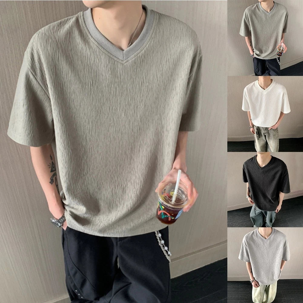 Men Textured Solid Color T Shirt V Neck Short Sleeve Loose Casual Daily Top