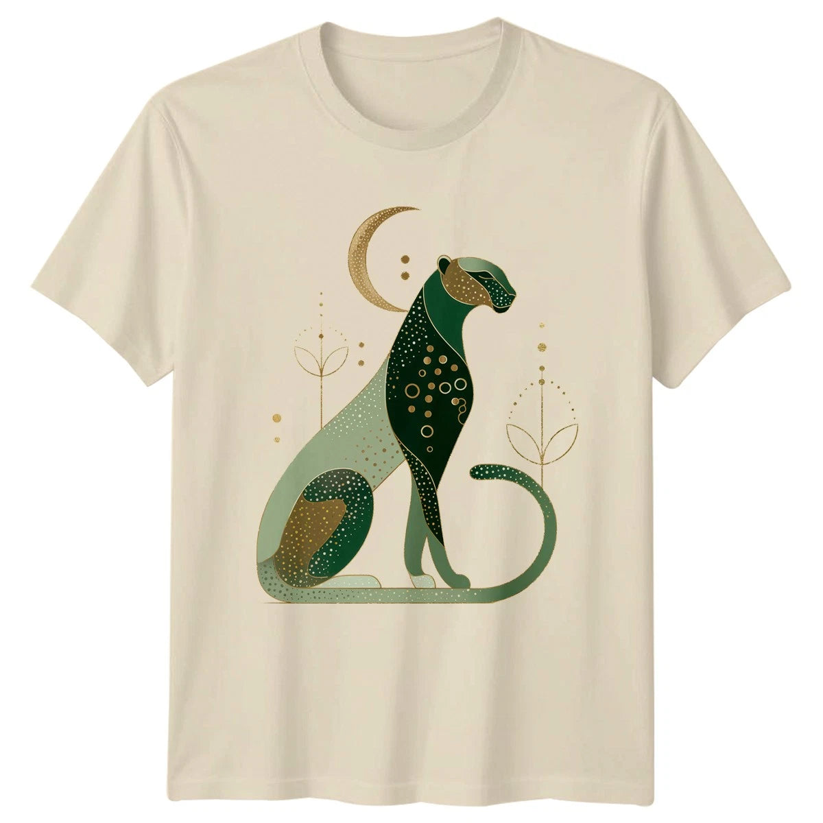 Emerald Green Leopard Moon Celestial Womens T-Shirt Celestial Art Big Cats