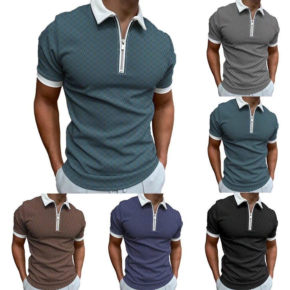 Trendy Men's Lapel Neck Half Zipup T Shirt Streetwear Gray/Brown S 2XL