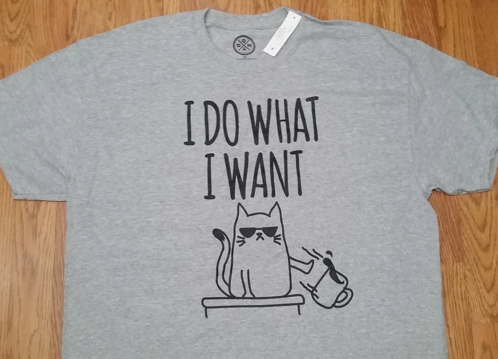 Men's Cat t-shirt "I Do What I Want" (XL) Cat Pushing Coffee Off Table, NEW