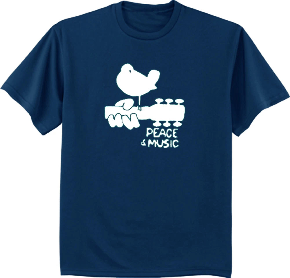 Men's t-shirt Woodstock design peace music guitar tee shirt navy blue