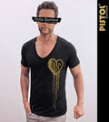 Pistol Boutique Men's Fitted Black Deep V neck GOLD DRIBBLE SKETCH HEART T-shirt