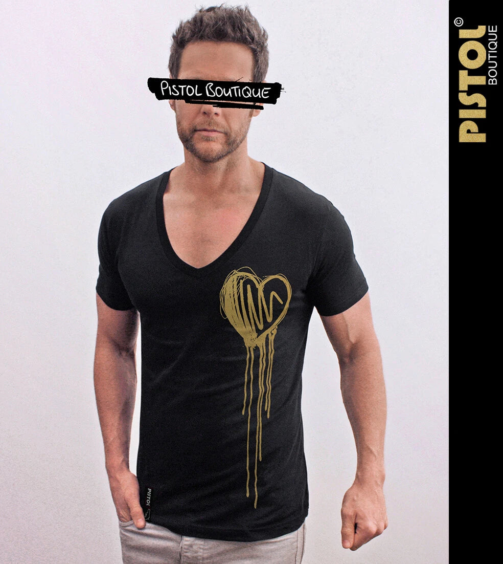 Pistol Boutique Men's Fitted Black Deep V neck GOLD DRIBBLE SKETCH HEART T-shirt