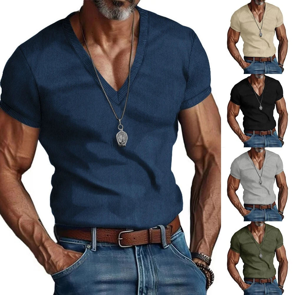 Blouse Mens V-Neck T-shirt Brand New Polyester Fabric Short Sleeve V-Neck