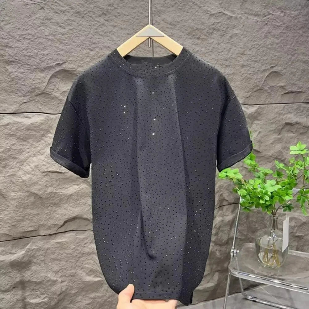 New Men Luxury Diamond Rhinestones Black T-Shirt High Quality