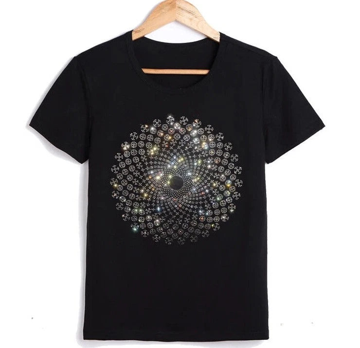 New Fashion Diamond Rhinestones Short Sleeve Luxury Men Black T-Shirt