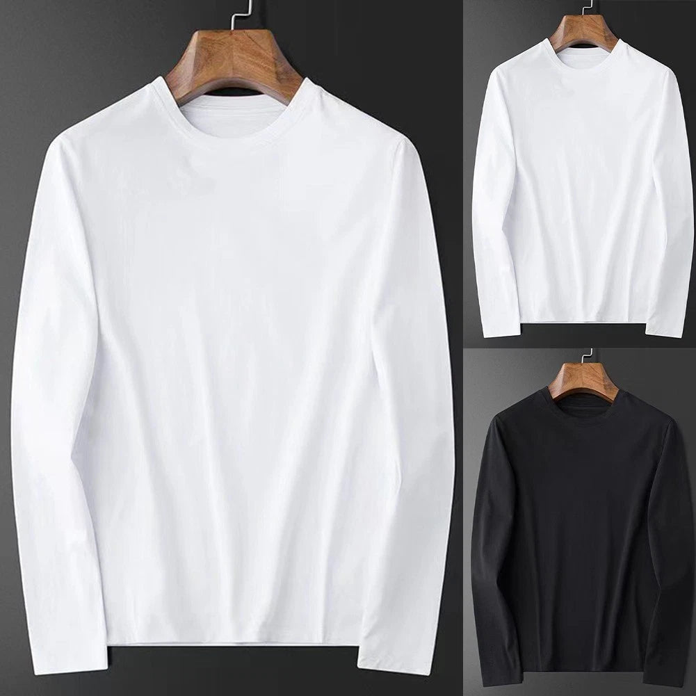 Mens Long Sleeve Tee Round Neck Shirt Round Neck Long Sleeve Solid Color