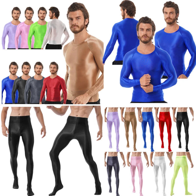 Men's Glossy See Through Tights Suit Long Sleeve Shirts with Fitness Pantyhose