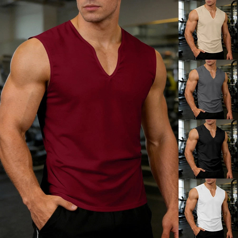 For Gym Workout Men V-Neck Tank Fitness Breathable Fabric T-Shirt Style