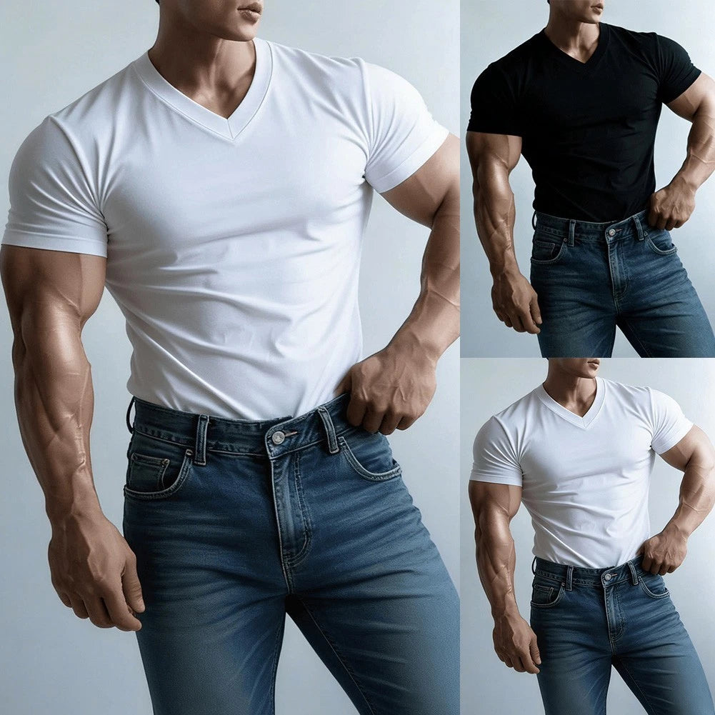 Short Sleeve V Neck T Shirt Men Casual Solid Color Activewear Pullover Top